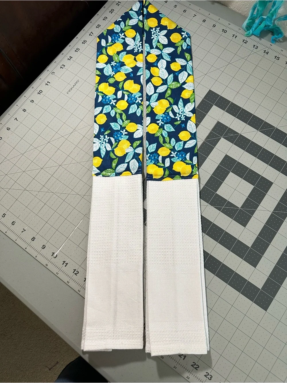 Hand Crafted Navy Lemon Print Kitchen Scarf with White Towel Ends